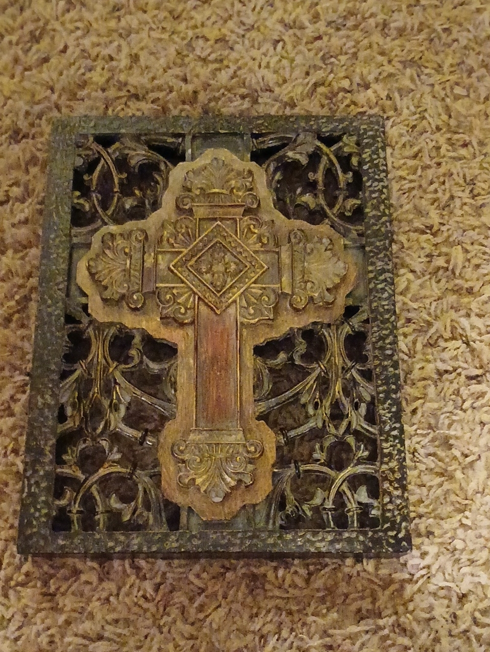 Ornate Wooden Cross Wall Decor in Brown and Gold
